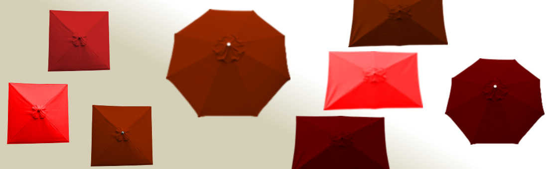 Parasols et Toiles de remplacement aux couleurs chaudes : Rouge vif, Orange, Terracotta, Bordeaux...